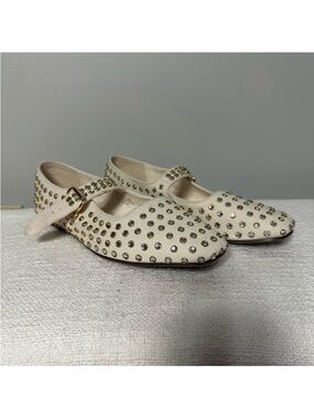 Rhinestone Studded Mary Jane Flats • Cream/Gold Glitter Ballet Shoes • Size 10M
